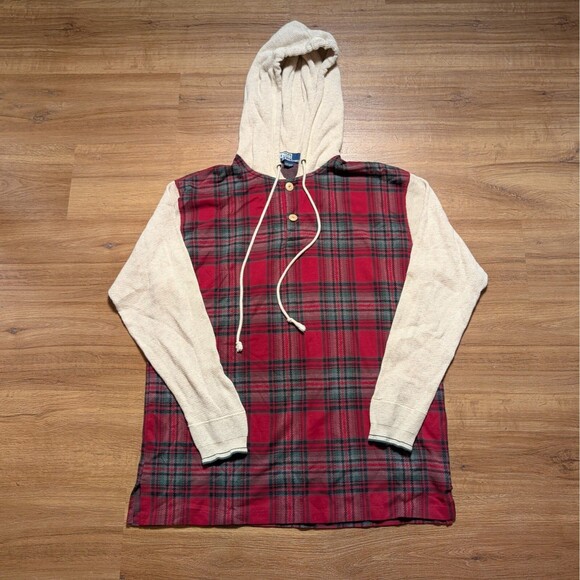 VTG Polo Ralph Lauren Men's L Plaid Tan 1/4 button Hoodie Pullover Shirt USA